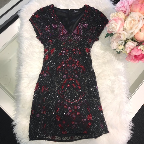 Parker Black/Red/Silver Sequin & Beaded Mini Dress - Picture 2 of 7